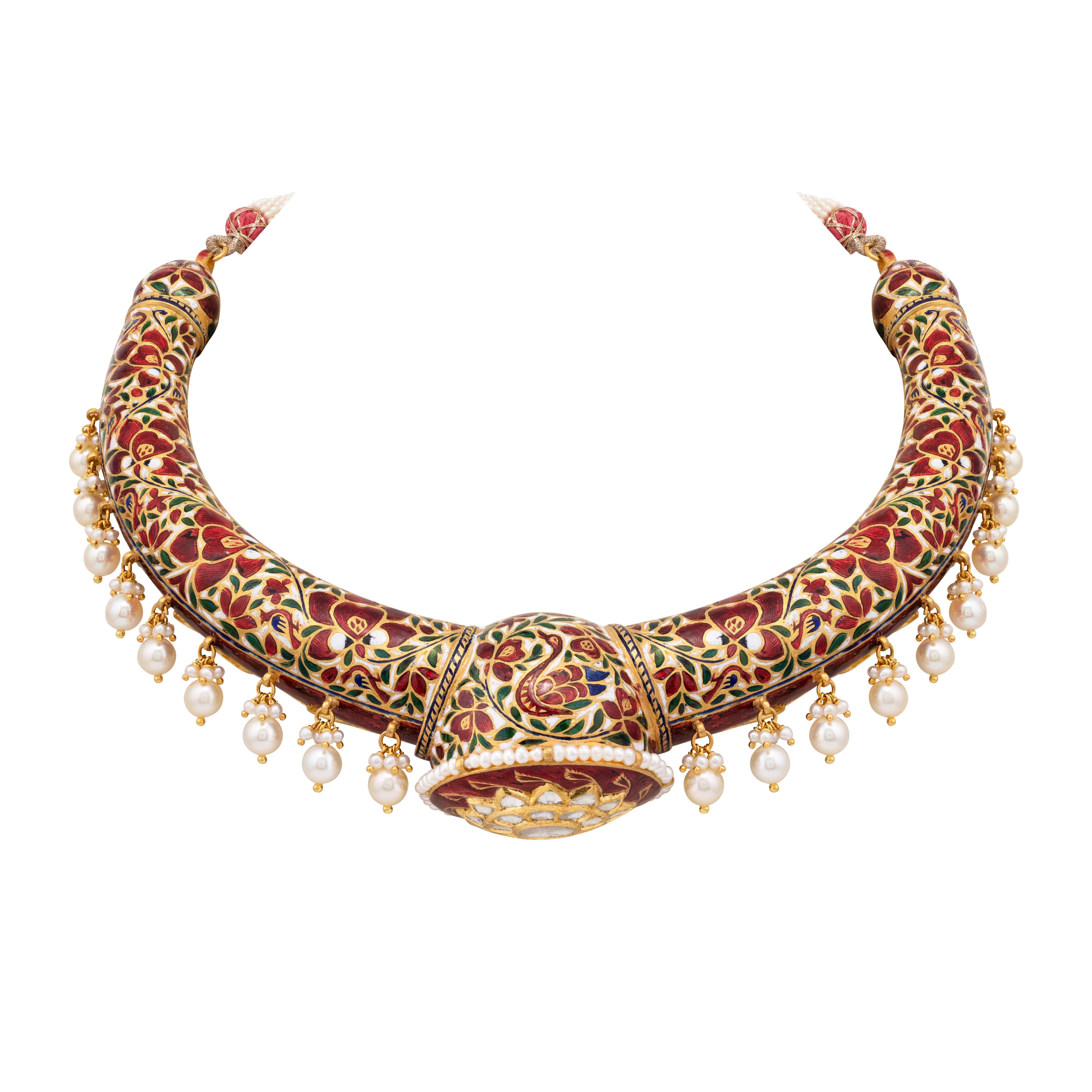 Floral Polki Hasli in Red Enamel with Pearl Drops